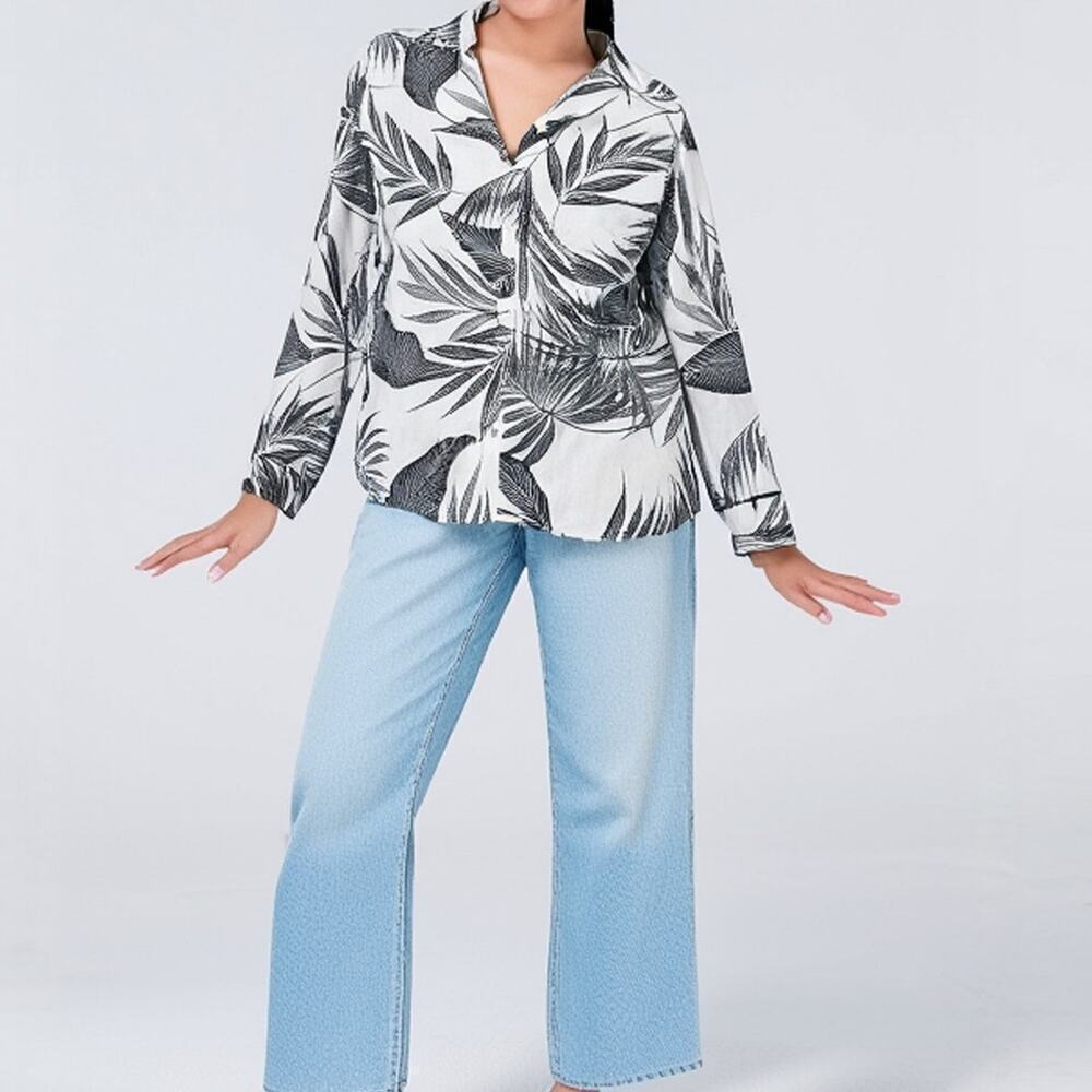 Tahari 100% Linen Palm Leaf Print Button-Down Shirt Women’s Size Large